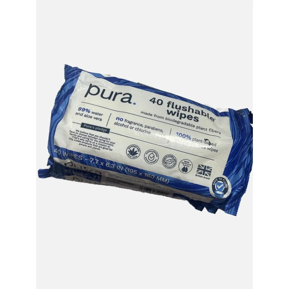 Pura Flushable Wipes Unisex 120 Count White Biodegradable Plant Based Eco Friend